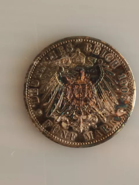 Original Kaiserreich Silbermünze Preußen Wilhelm II. 5 Mark 1908 A Silber Patina 3