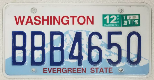 Washington expired 2012 EVERGREEN STATE Blue Mt Base "BBB" License Plate~BBB4650