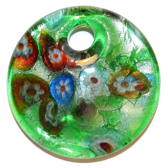 P2650 Green Glass w Millefiori Flowers & Silver Foil 50mm Round Lampwork Pendant