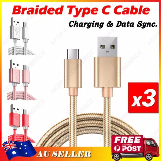 Braided USB to Type C Charger Cable Charging Data Cord Samsung Huawei Google 1M