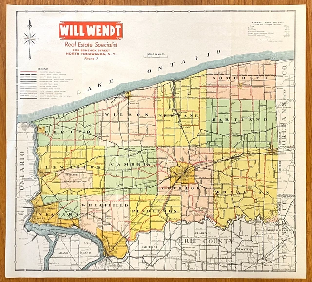 VINTAGE 1945 HIGHWAY Map Of Niagara County New York Will Wendt Real