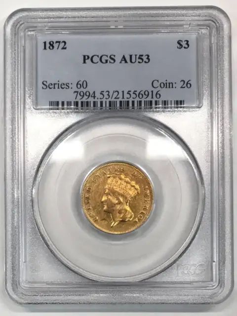 1872 P Gold Three Dollars $3 Indian Princess Head PCGS AU-53