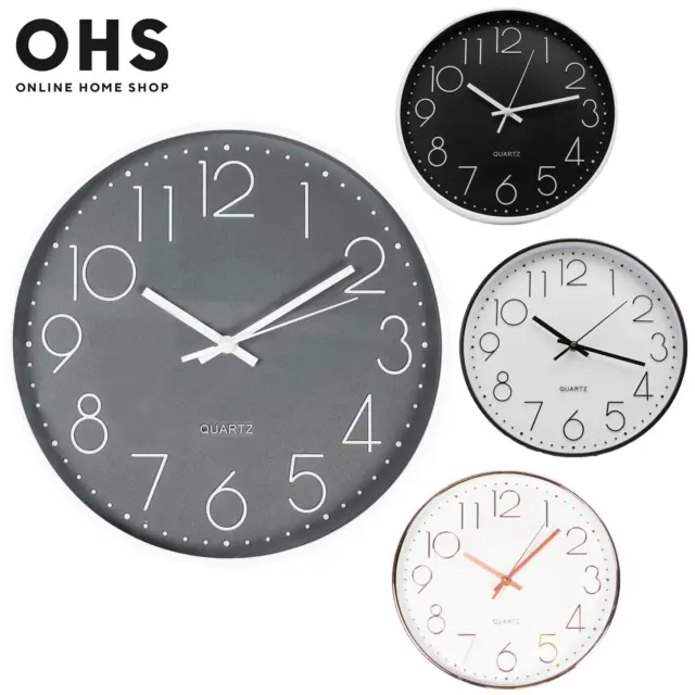 OHS Wall Clock Modern Round Analogue Metallic Home Decor Silent Bedroom Kitchen