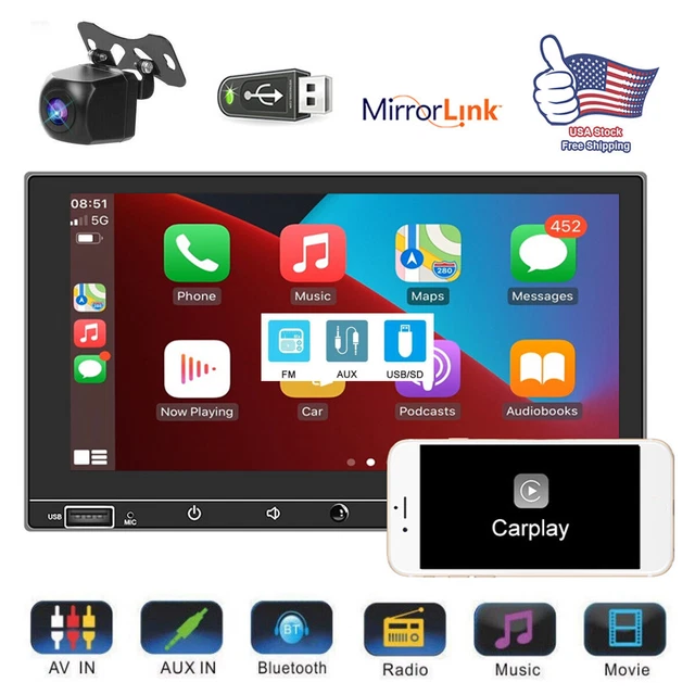 Double Din Car Stereo with Apple Carplay & Android Auto Play MP5 Radio+Camera US