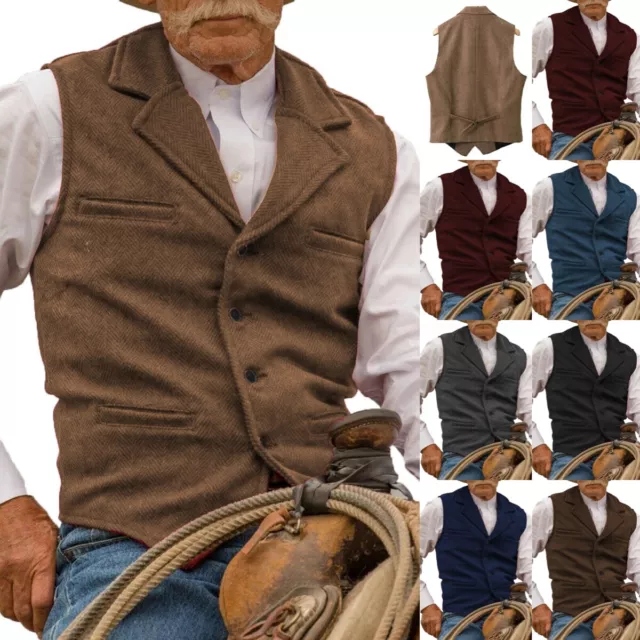 Mens Cowboy Vest Tweed Retro Farmer Casual Vintage Herringbone Waistcoats