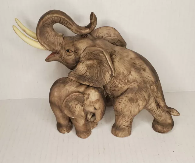 Vintage Porcelain Ceramic Elephant Mother & Baby Handpainted Figurine 6.5"