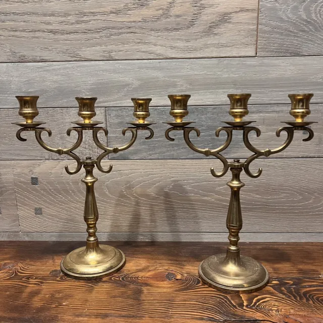Antique Cast Brass Metal 3 Arm Candlesticks Candelabras Set Of 2 Pair 11”x8”
