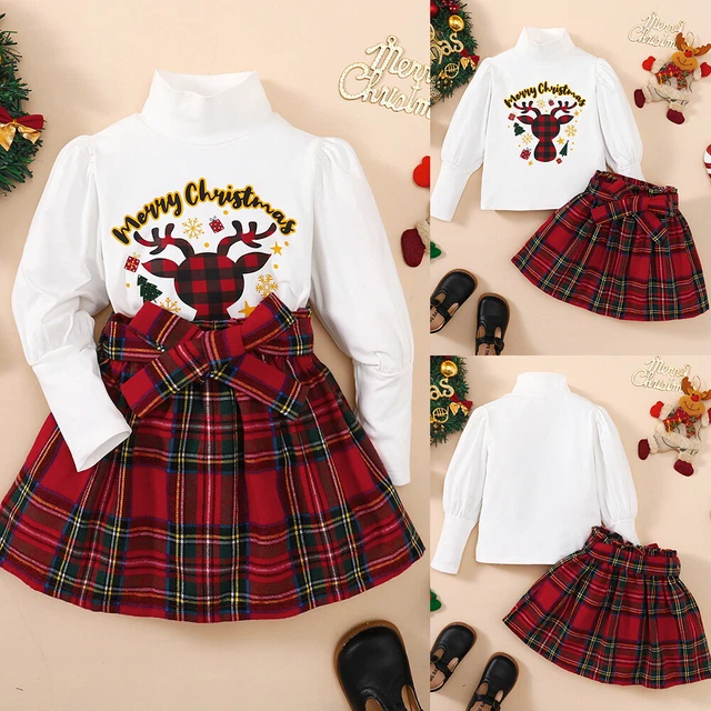 Weihnachten Kostüm Baby Mädchen Langarm Pullover Kariert Röcke Sets Babykleidung