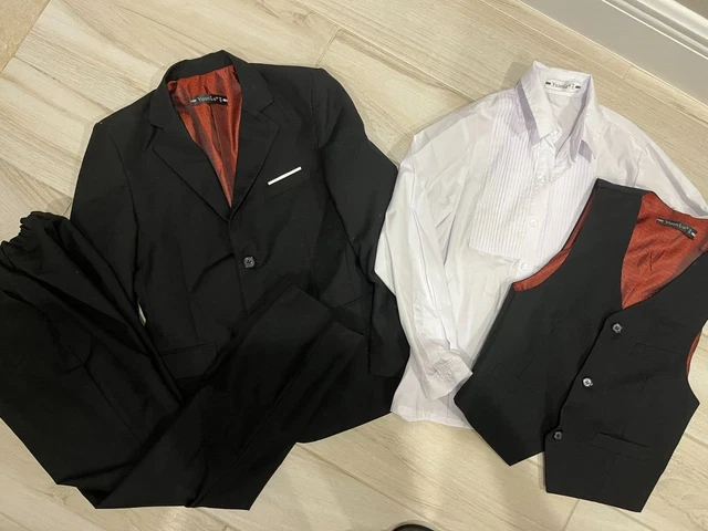 boys 4 PIECE SUIT SET formal jacket pants WHITE DRESS SHIRT black vest SIZE 10