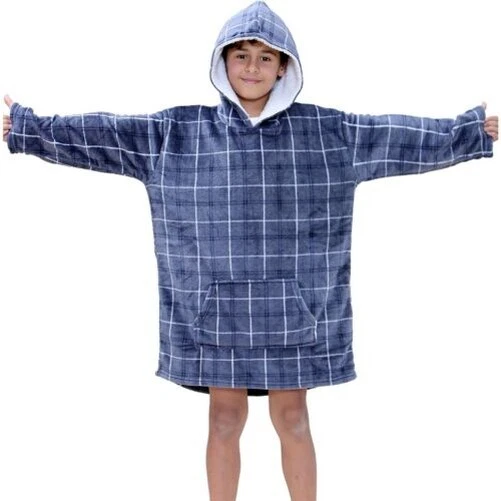 Bambine Ragazzi Oversize Felpa con Cappuccio Scozzese Blu Stampa Snuggle Morbido