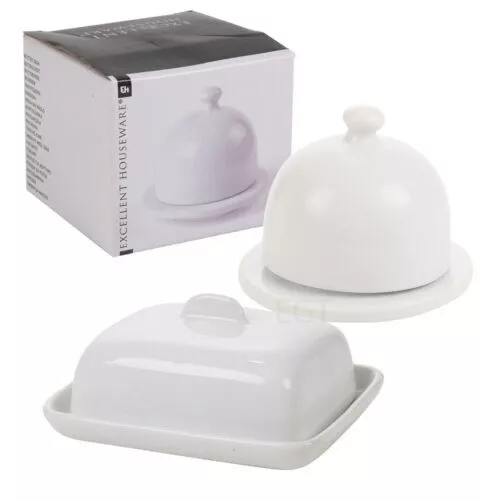 1 or 2 Mini Ceramic Butter Dish & Lid White Kitchen Breakfast Porcelain Dining