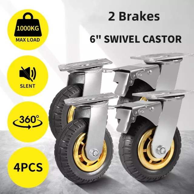 4X 6" 150mm Heavy Duty Swivel Caster Wheels Castor 1000KG Load,2 with Brakes AUS