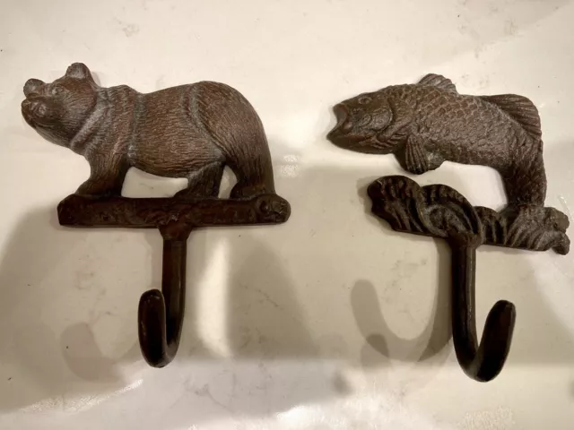 Rustic CAST IRON Bear & Fish (SET of 2) WALL HOOK towel rack Coat Hooks