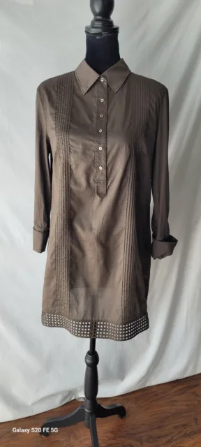 Elie Tahari Women's Brown Top Blouse Cotton Tunic Shirt Long Sleeves Medium