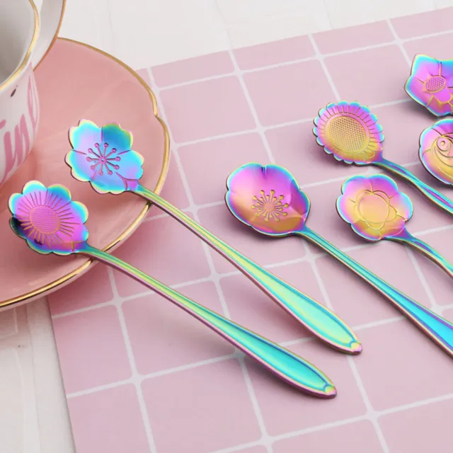 8 Pcs Stainless Steel Rainbow Flower Spoon Floral Mixing Stirring