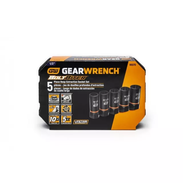Gearwrench KDT-86070 5 Pc. 1/2" Drive Bolt Biter Deep Extraction Socket Set