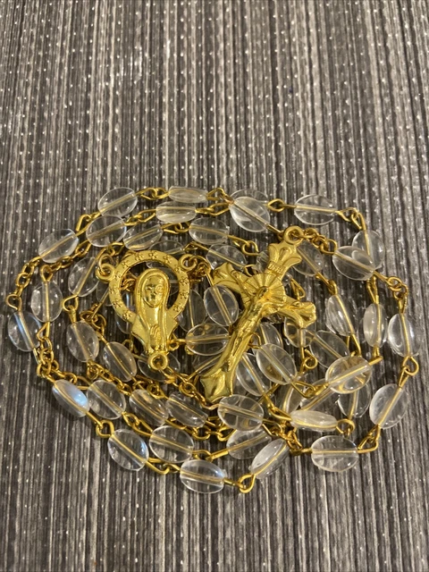 Lady Of Lourdes Rosary Gold Tone Clear Beads Crucifix Necklace - New 2