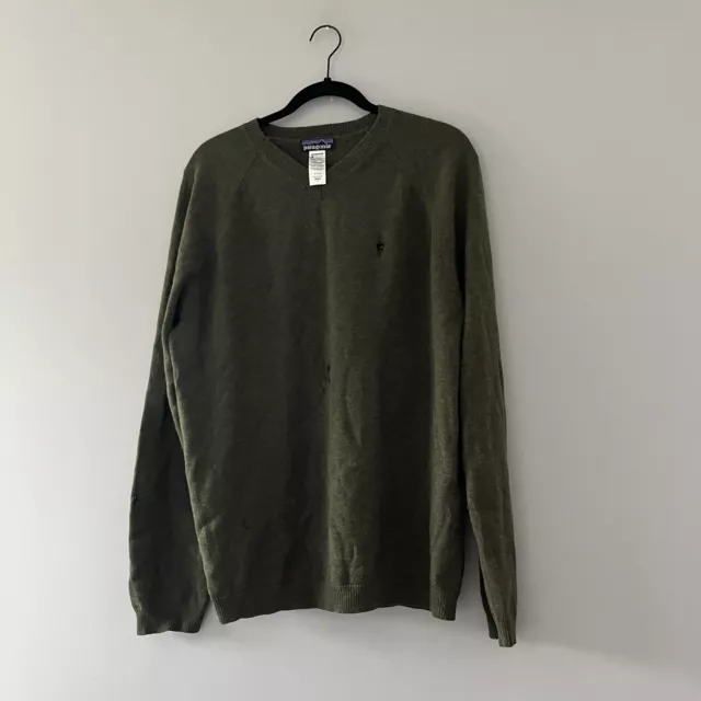 Patagonia olive green distressed v neck sweater wool cashmere size large
