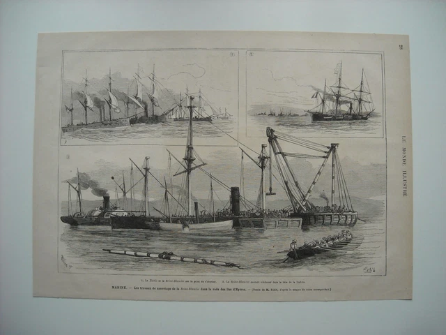 Gravure 1877. Rade Des Iles D’hyeres, Travaux De Sauvetage De La Reine-Blanche.