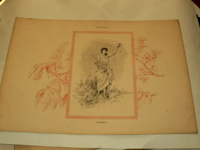 Grande Gravure Ancienne REICHAN Le Printemps Femme Oiseaux  1891   Estampe