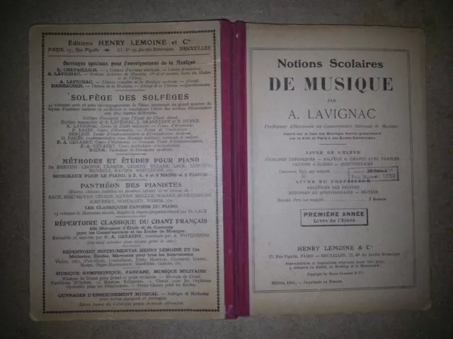 NOTIONS SCOLAIRE DE MUSIQUE A.LAVIGNAC livre de l'élève 1er année 1941