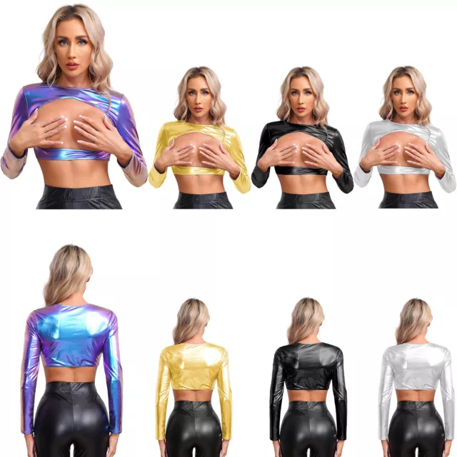 Womens Top Party Tee Long Sleeve Shirt Shiny Crop Top Cut Out Leather PVC Rave