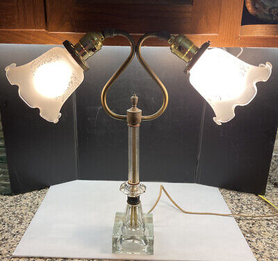 ANTIQUE Brass Glass   DOUBLE LIGHT  LAMP GORGEOUS SHADES 17.5” Adjustable Heads