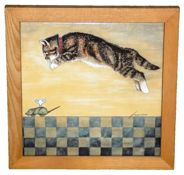 Lowell Herrero Cat Mechanical Mouse Framed Art Tile Vandor Vintage