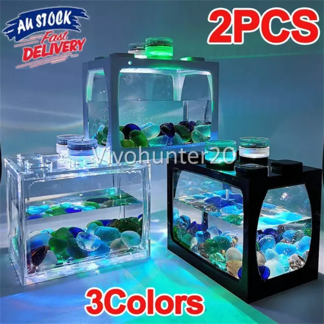 X2 Mini Aquarium LED Light Lamp Clear Plastic Fish Tank Office Desk Box Betta OZ