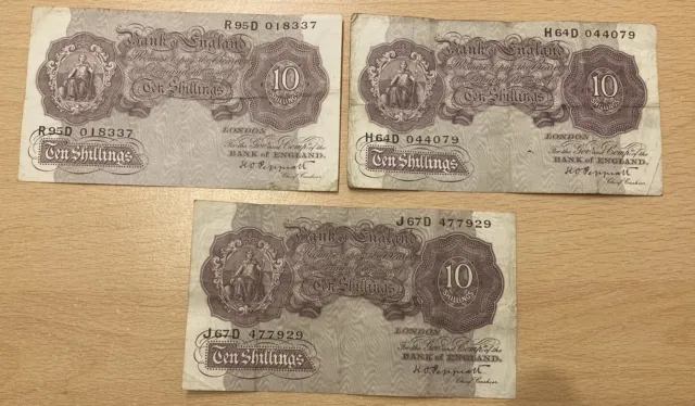 Three Ten Shilling Bank of England Notes Peppiatt Mauve 10/-