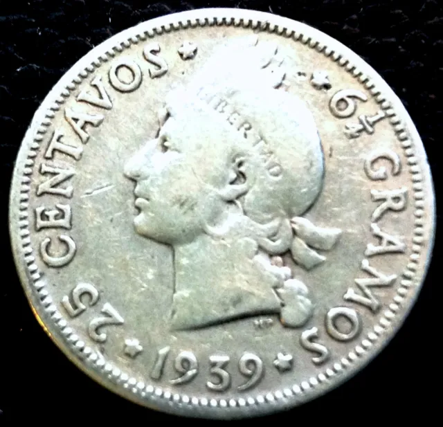 1939 Dominican Republic, Silver Coin, 25 Centavos , Low Mint Rare, All Legends,