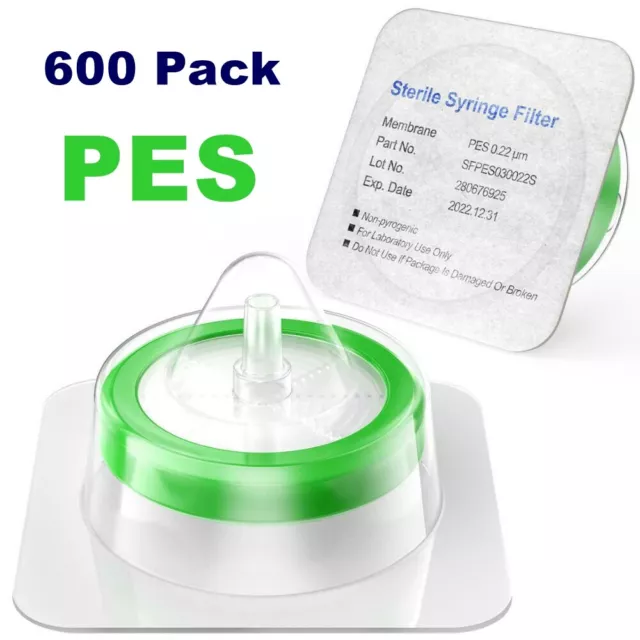 600PCS HPLC Syringe Filter Sterile PES Membrane 33mm 0.22µm Individual Luer Lock