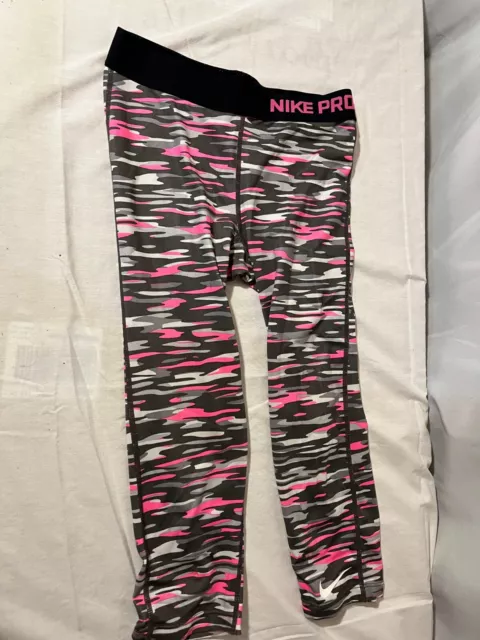 Nike Pro Athleisure Capri Leggings Girls Large Black Pink Camo Athletic Dri Fit