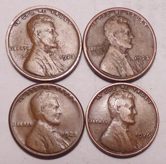1923 P 1923 S 1925 S 1926 P Lincoln Wheat Cent Penny - 4 Coins - FREE SHIPPING