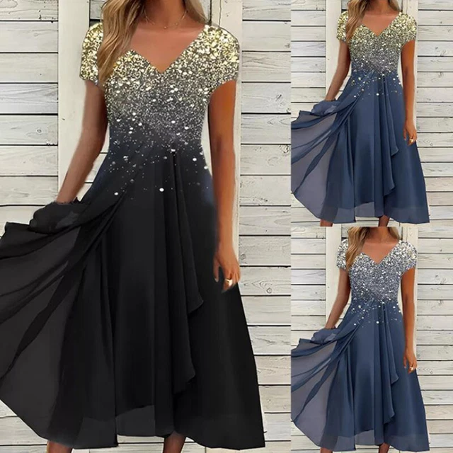 Mousseline Patchwork Midi Robe Cocktail Swing Robe Col V Manches Courtes Impri *