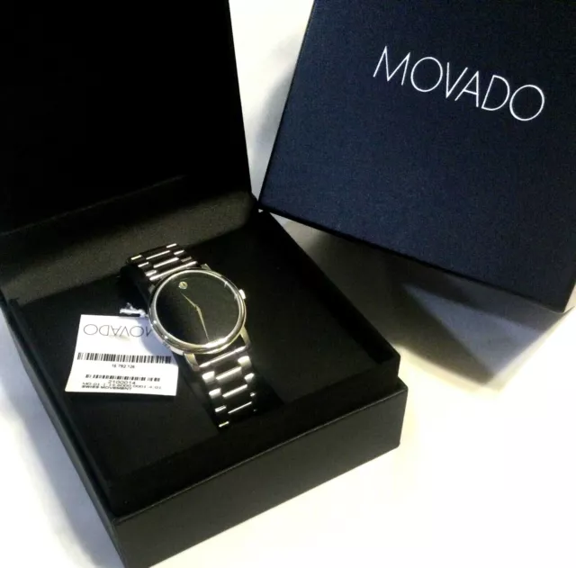 NEW MEN'S MOVADO CLASSIC BLACK MUSEUM DIAL WATCH Swiss All Stainless w/ Boxes
