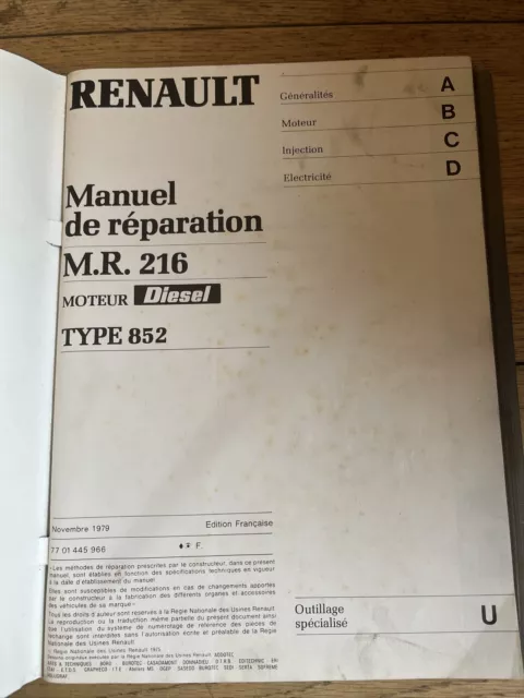 Manuel reparation RENAULT MR 216 Moteur Diesel 852 Type 2068 Cc R 20 30 R 1276 2