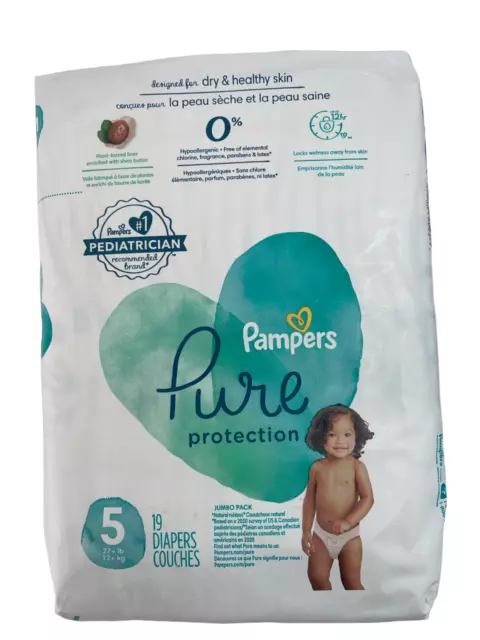 Pampers Pure Protection, Size 5, 27 lb, 19 ct Diapers Babies Toddlers 12hr