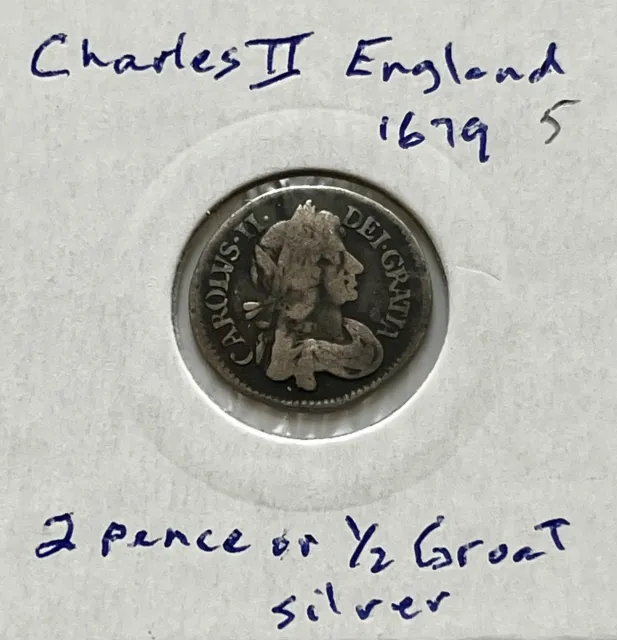 1679 2 pence (1/2 Groat) Charles II, silver English coin (e5)