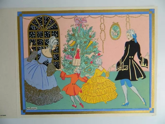 Gravure ancienne coloriée au pochoir signé Denise Rubinstein Sapin de Noël