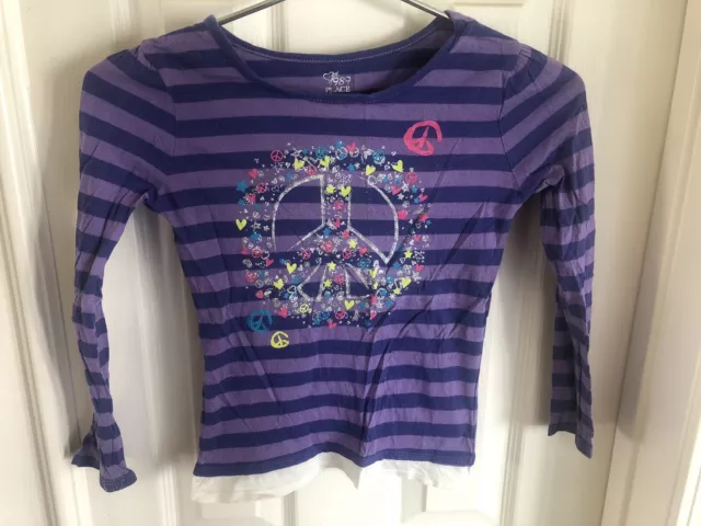 Children’s Place Peace Sign Purple Girls Long Sleeve Shirt Size S 5/6 Fast Ship