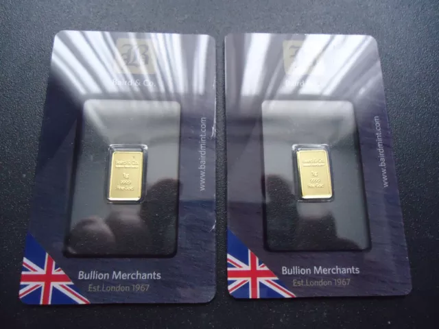 baird & co 2x 1 gram fine gold bullion bars 999.9 pure 24k new & sealed free P&P