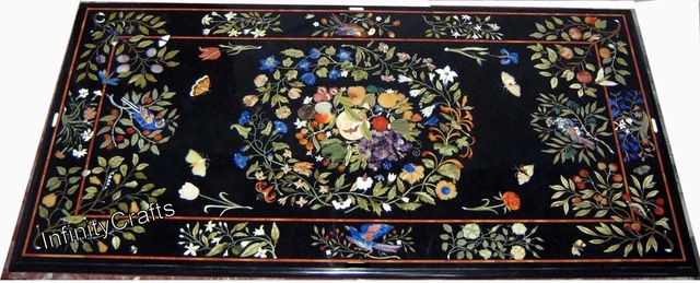 30x48 Inches Black Marble Dining Table Top Nature Pattern Inlay Work Lawn Table