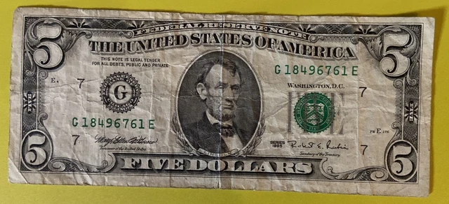 1995 $5 Five Dollar Bill Federal Reserve Note Vintage Currency US America Circul