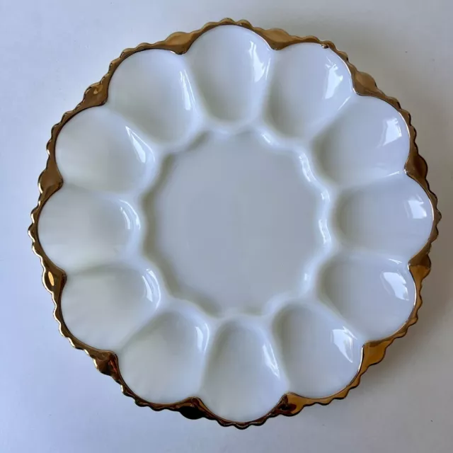 VINTAGE ANCHOR HOCKING - Milk Glass Diviled Egg Platter Dish With Gold Trim.