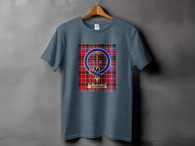 Cushney Clan Tartan T-Shirt, Scottish Heraldic Crest, Unisex Plaid Tee