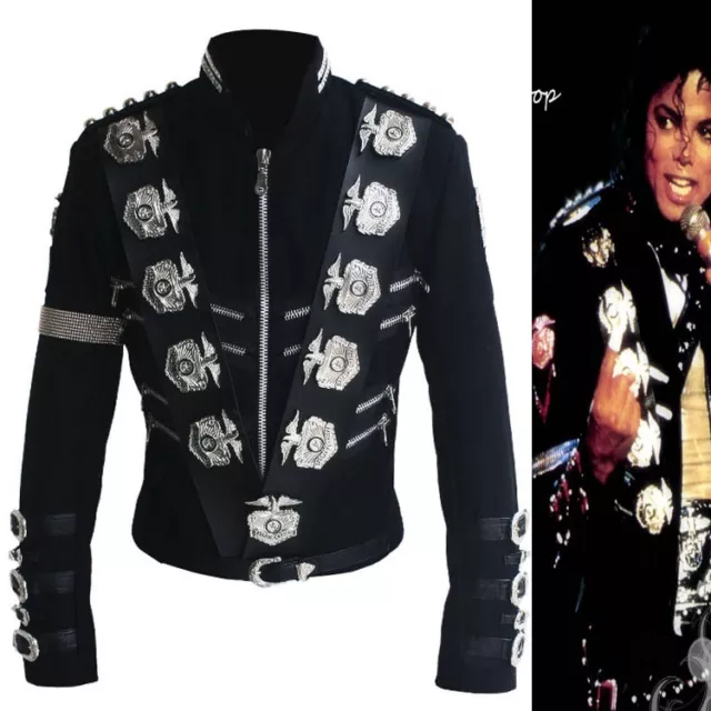 Rare MJ Michael Jackson BAD Tour Punk Badges Black Jacket Costumes