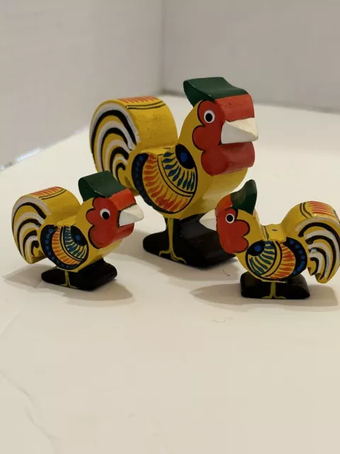 Colorful Miniature Wooden Rooster Figures Set Of 3 Hand Painted 2.5 - 1.5 Inches