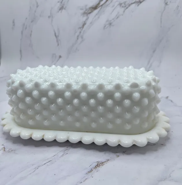 Fenton Vintage 1970th White Milk Glass Hobnail Scalloped Butter Dish with Lid