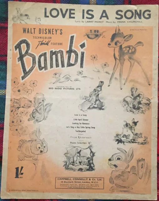 Walt Disney's Bambi: Love Is A Song. 1940's Vintage Music Sheets